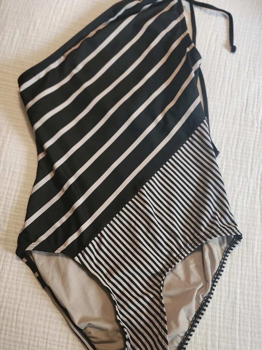 DKNY Black and Tan Striped One-Shoulder One-Piece Swim - Picture 3 of 6